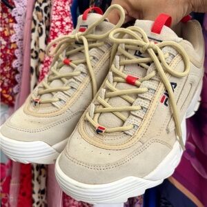 FILA Beige Sneakers with Red and Blue Accents